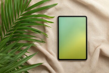 Tablet Mockup: Palm Leaf, Beige Fabric