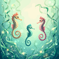 Obraz premium Three colorful seahorses in a lush underwater scene, surrounded by glowing seaweed.