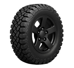 All-terrain off-road tire with wheel. Heavy duty black truck tire. Rugged vehicle wheel and tread. Isolated car tyre and rim. Automotive industry spare parts.