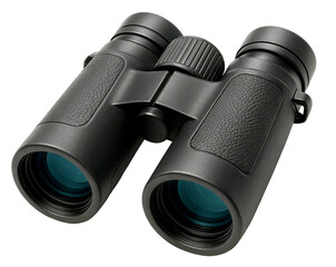 Black binoculars with turquoise lenses. Outdoor adventure optical tool. Hunting bird watching equipment. Professional travel and exploration. Focus and zoom spyglass isolated.