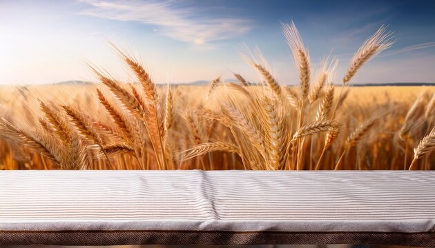 blank table with tablecloth against blurred wheat field background shavuot themed design and product display - Powered by Adobe