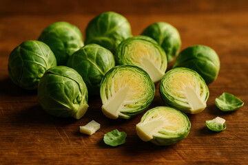 Fresh whole and halved brussels sprouts arranged on a rustic wooden table with natural daylight highlighting their vibrant green color