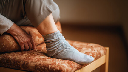 Contemplative elderly senior person resting. Close up detail of tired leg, foot, and ankle in soft grey sock, with wrinkled hand resting on knee