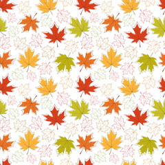 Seamless pattern of autumn maple leaves . Seasonal yellow,orange,red tones. Vector illustration on white background.For postcards decor, wrapping paper, stationery,scrapbooking, textile