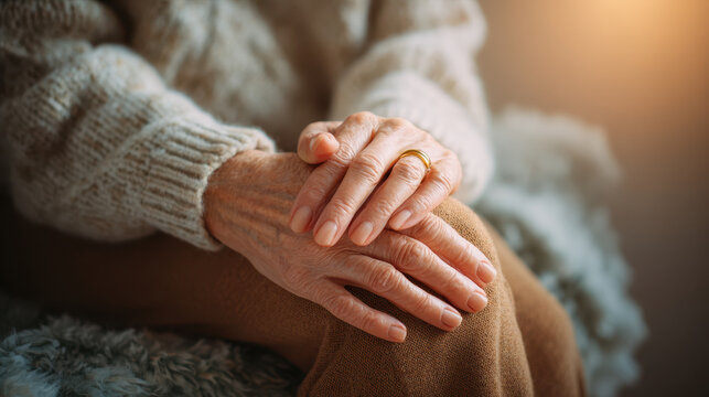 Close up of an elderly woman lonely hands holding together while sitting. thoughtful senior in cozy sweater feeling pensive and waiting, showing aging and solitude