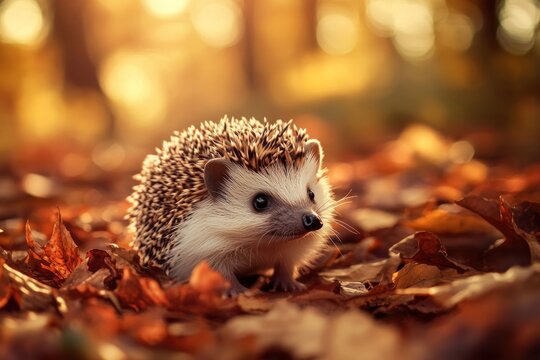 A cute hedgehog is standing in the forest leaves leaf photography.