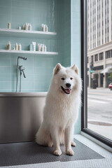 Fluffy white dog poses in a modern grooming salon. A clean, bright aesthetic suggests pet care, pampering, and wellbeing. Ideal for lifestyle or veterinary themes.