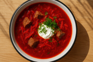 Traditional beetroot borscht soup with beef, sour cream, fresh dill, and shredded vegetables served in a bowl on wooden table