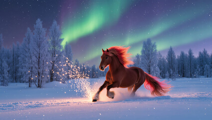 Christmas red fire horse running in snowy forest under northern lights, symbol of 2026 New Year magic