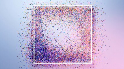 A white square frame encloses a cloud of colorful confetti on a gradient background