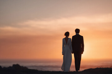 Silhouette of a couple embracing their love, walking hand in hand against a stunning sunset backdrop. Symbol of romance, commitment and future. Ideal for wedding, travel, and lifestyle content.