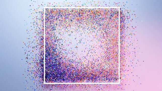 A white square frame encloses a cloud of colorful confetti on a gradient background
