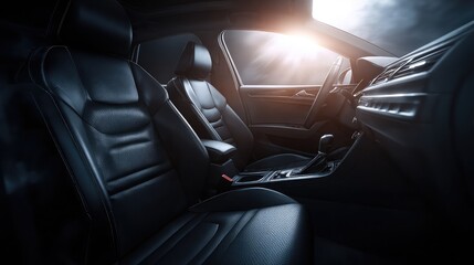The interior of a modern car with leather seats and a bright sunlight