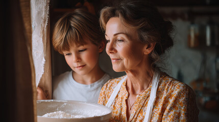 Loving grandmother and happy grandson baking together in cozy, sunlit kitchen. senior woman and young boy share warm, bonding moment looking at cookie dough in bowl