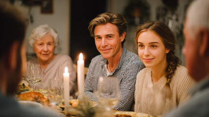 Happy multigenerational family enjoying warm candlelight dinner together. smiling young couple sits at table with senior relatives, sharing joyful holiday meal and conversation