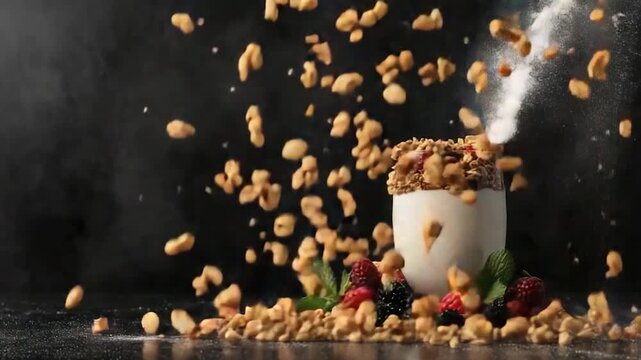 A glass parfait filled with yogurt, granola, and berries, with more granola in motion