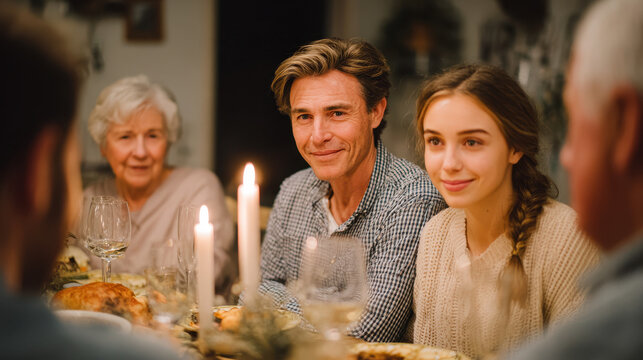 Happy multigenerational family enjoying warm candlelight dinner together. smiling young couple sits at table with senior relatives, sharing joyful holiday meal and conversation