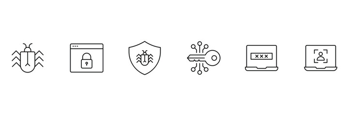 Security icon set. Collection of security icons representing various aspects of online safety and data protection. Editable stroke. Vector illustration.