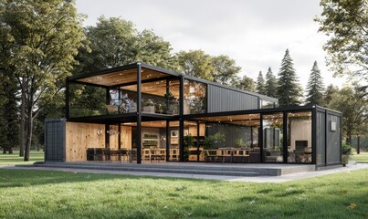 Modern container home nestled in forest