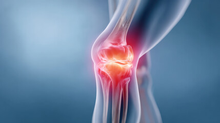 Anatomy of human leg showing painful knee joint inflammation and injury. red glow illustrates ache and suffering from bone condition like chronic arthritis