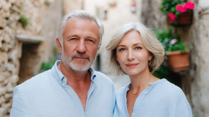 Senior caucasian couple in soft blue linen shirts standing together in an old European alley. Mature man and woman share serene, loving look, portraying togetherness