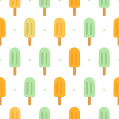 A vibrant seamless pattern of various sweet, frozen summer treats like popsicles and ice cream cones