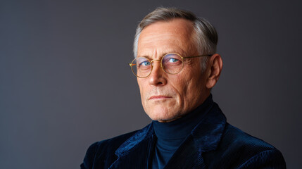 Obraz premium Studio portrait of pensive senior man. Wise caucasian gentleman in navy velvet jacket and turtleneck with thoughtful, serious expression on gray background