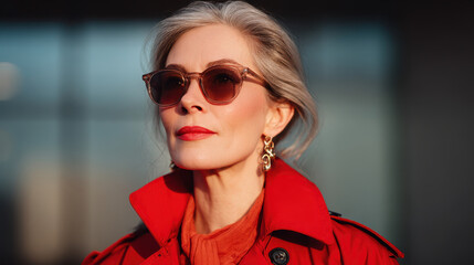 Stylish senior woman with confident, serene expression wearing bold red trench coat and sunglasses. An elegant outdoor portrait highlighting modern aging and poise