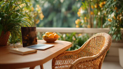 Calm tropical terrace workspace with rattan chair and wooden table. laptop and book for home office setup among lush green plants creating serene, peaceful feeling