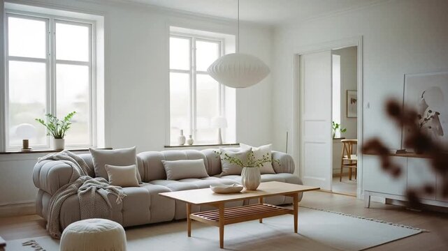 A bright and inviting modern living room features a comfortable sectional sofa, wooden coffee table, and large .