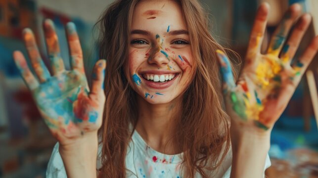 Joyful artist displaying paint-covered hands after a creative session - Powered by Adobe