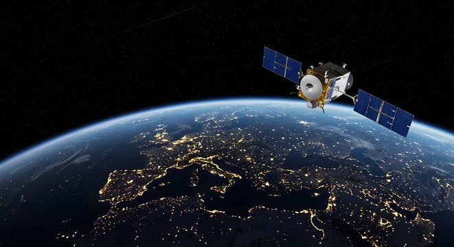 Modern satellite orbits above the earth at night illuminating the planet with city lights