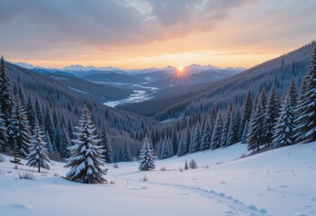 Fototapeta premium Winter mountain landscape with snowy ski resort in the Alps surrounded by forests and frosty trees