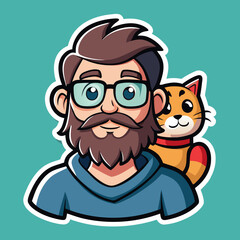 Cartoon Man with Beard and Glasses Posing with an Orange Cat on a Teal Background