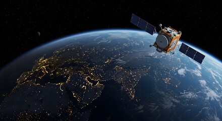 Satellite orbiting earth at night showing city lights and solar panels