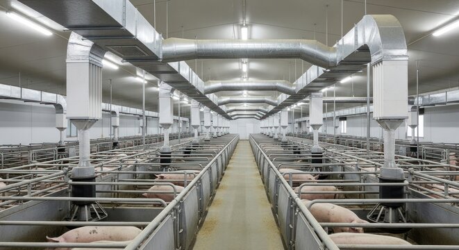 Symmetrical Vanishing Point in a Modern, Automated Pig Farming Facility