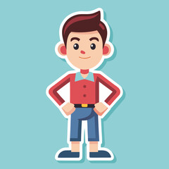 Cartoon Boy with Hands on Hips Standing Confidently on a Light Blue Background cartoon