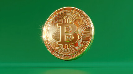 Golden cryptocurrency coin with digital money symbol glittering on solid green background. concept for modern finance, block chain technology, investment, and virtual wealth
