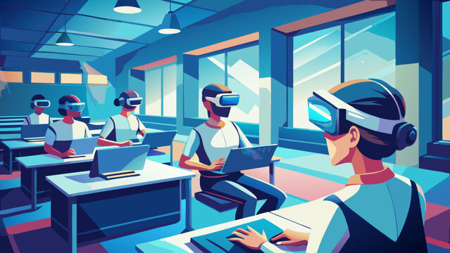 A diverse group of students wearing VR headsets in a modern classroom, immersed in virtual learning.