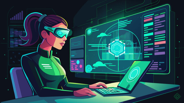 A female Asian scientist in futuristic attire interacts with holographic data displays in a high-tech lab. - Powered by Adobe