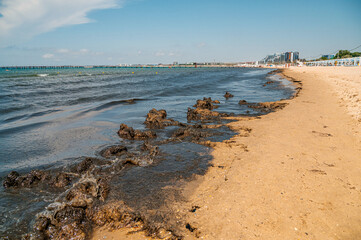 The Black Sea coast in Anapa after an environmental disaster and the release of fuel oil