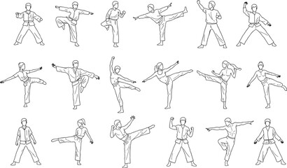 Cad drawing flat vector illustration, martial arts figures in training poses, karate, taekwondo, defense moves, kicking action, combat positions, black line artwork