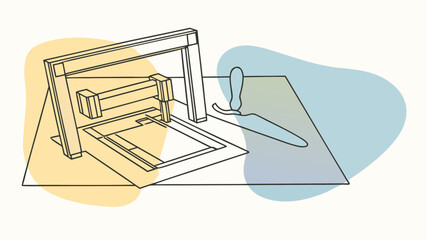 An artistic illustration of a woodworking tool setup featuring a saw and a workbench, infused with soft pastel colors.