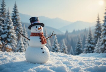 Obraz premium Snowman standing happily in snowy forest with hat scarf and holiday decorations