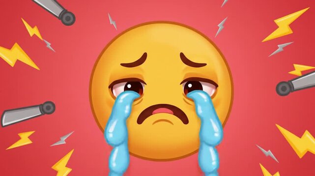 A sad emoji with tears on a bright red background.