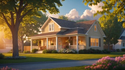 Obraz premium A charming yellow house sits peacefully on a sunny street with green trees.