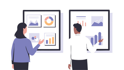 Fototapeta premium Two people presenting data charts and graphs on whiteboards in a business meeting setting indoors