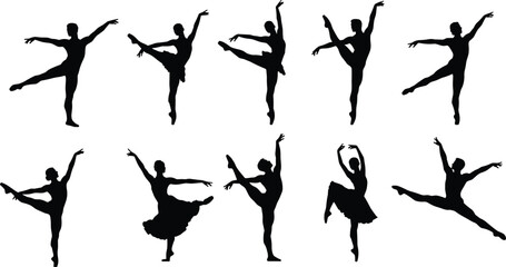 Cad drawing flat vector illustration of ballerinas, male and female dancers, ballet positions, elegant poses, classical dance silhouettes, leaping and pirouette movements. © Masum Creatives