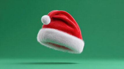 Cheerful red Santa hat for festive Christmas holiday. 3D render of single floating hat on green background creates joyful mood for winter celebration or greeting