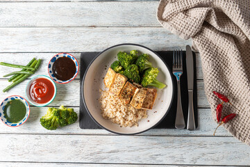 Tasty Grilled Tofu With Rice and Fresh Vegetables